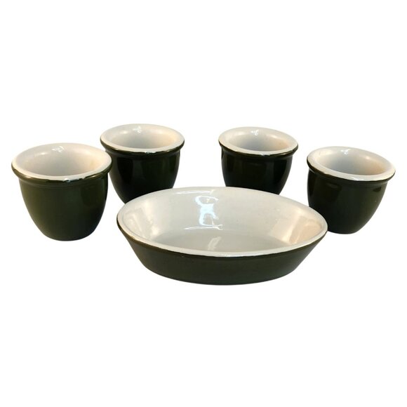 Vintage Hall Pottery Cups & Oval Dish Set Olive Green White USA Made - Picture 2 of 13